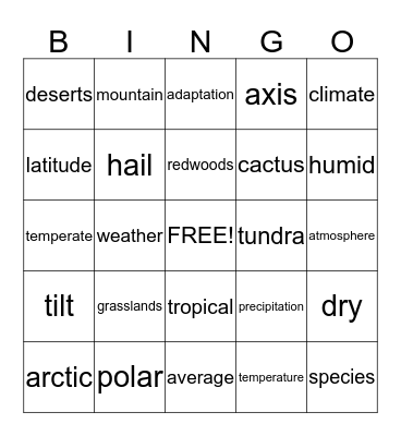 Climates and Habitats Bingo Card