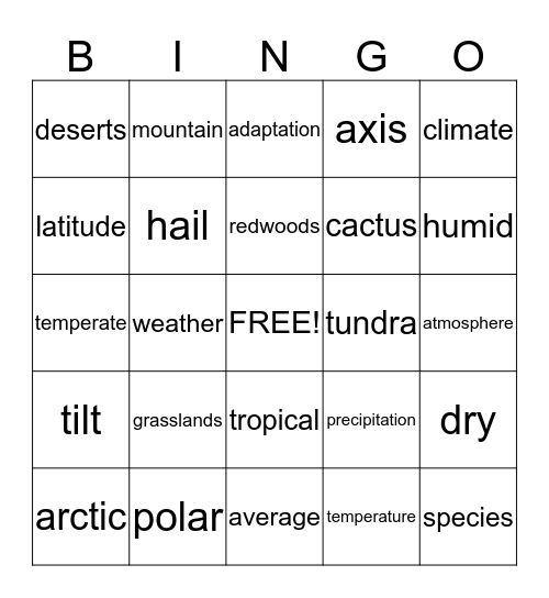 Climates and Habitats Bingo Card