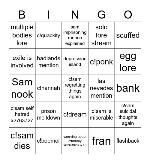 c!Sam bingo lololol Bingo Card