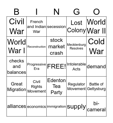 N.C. History Review Bingo 8th Grade Bingo Card