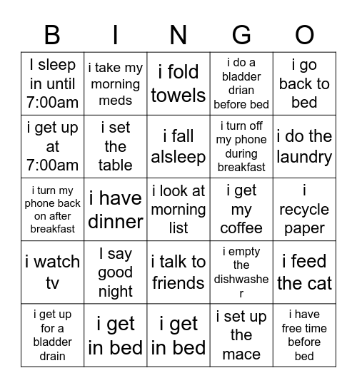 daily routine and activites Bingo Card