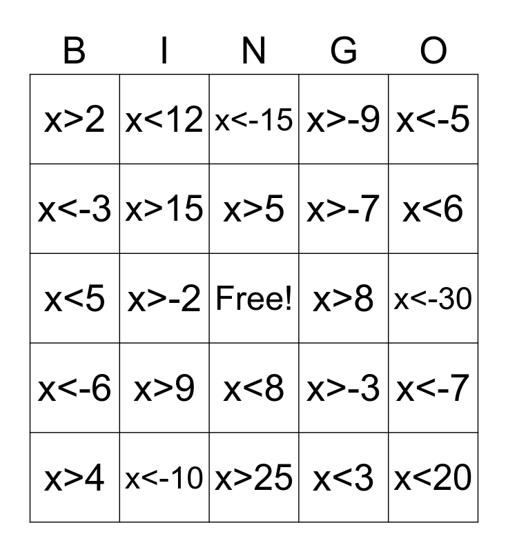 Inequality Bingo Card