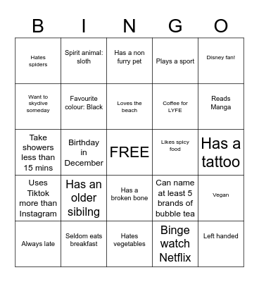 Internship Singapore Bingo Card