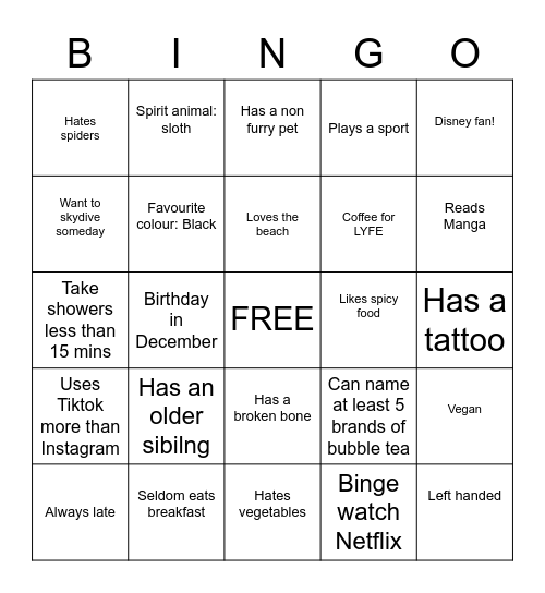 Internship Singapore Bingo Card