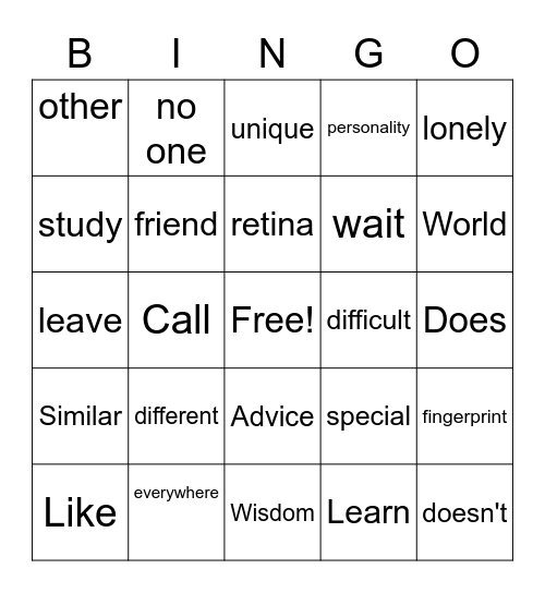 Review Vocabulary Bingo Card