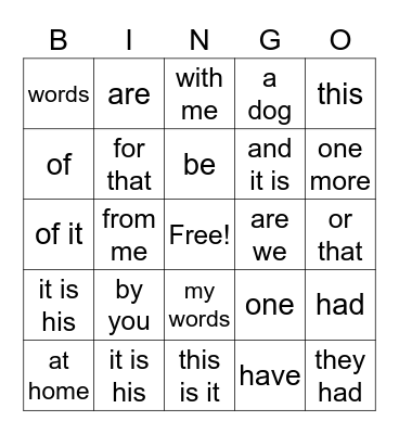 Sight words Bingo Card