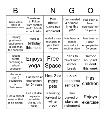 School Counselor Bingo Card