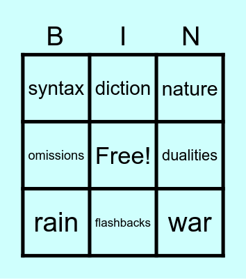 A Farewell to Arms Book 3 Bingo Card