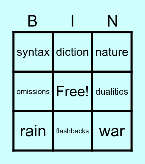 A Farewell to Arms Book 3 Bingo Card