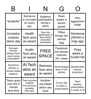 Demo Day Bingo Card