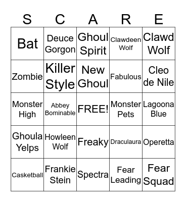 Monster High Bingo Card