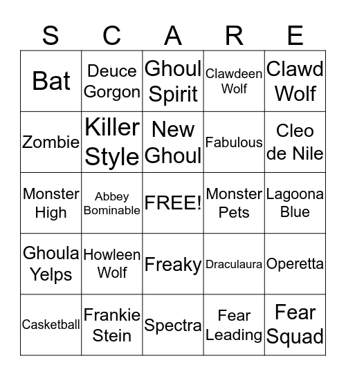 Monster High Bingo Card