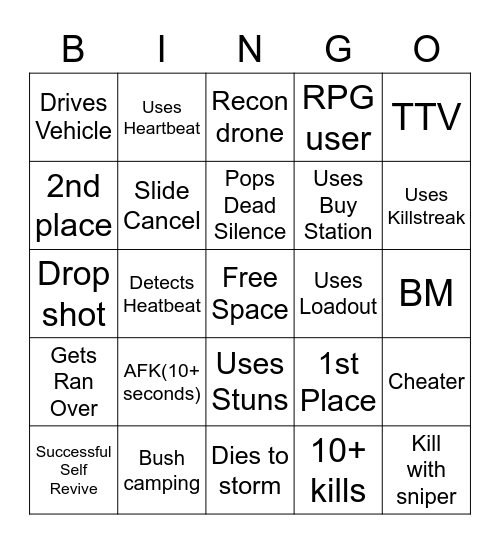 Warzone Bingo Solos Bingo Card