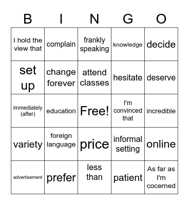 Foreign language Bingo Card