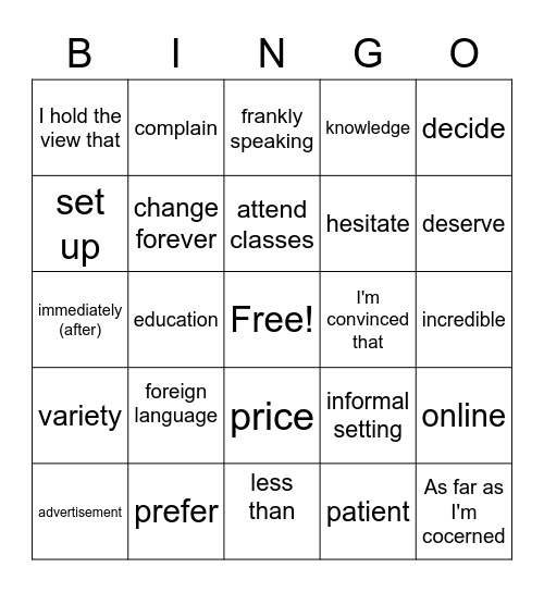 Foreign language Bingo Card