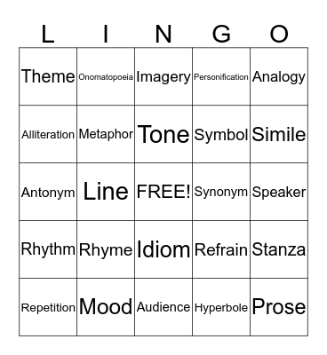 Poetry & Figurative Language Bingo Card