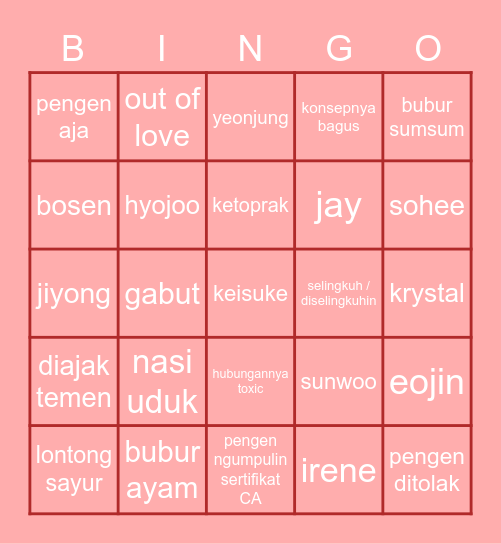 Arin’s Bingo Card