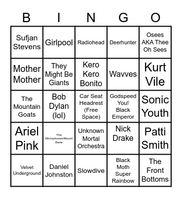 Arthur Music Taste Bingo Card