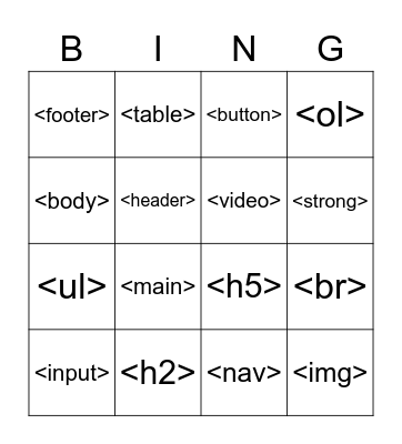 HTML Tag Bingo! Bingo Card