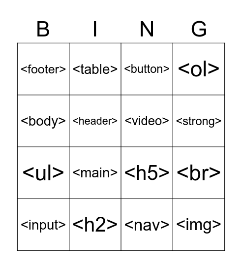 HTML Tag Bingo! Bingo Card