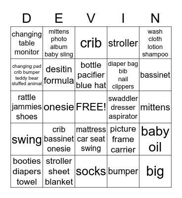 Devin's Baby Shower Bingo Card