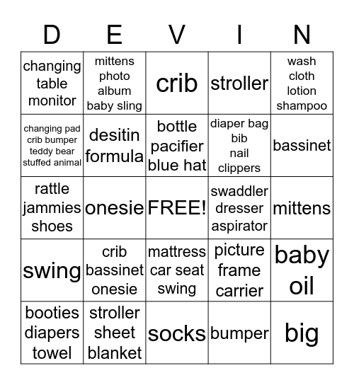 Devin's Baby Shower Bingo Card