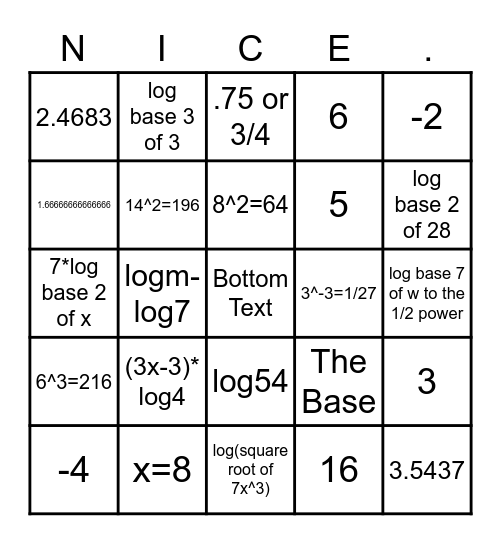 Logarithmic and Exponent Bingo Card