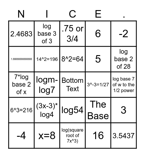 Logarithmic And Exponent Bingo Card