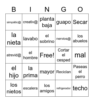 Unit 1 and 2 Vocabulario and Verbs(corrected but needs more verbs) Bingo Card