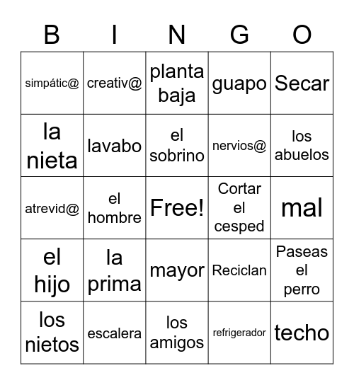 Unit 1 and 2 Vocabulario and Verbs(corrected but needs more verbs) Bingo Card