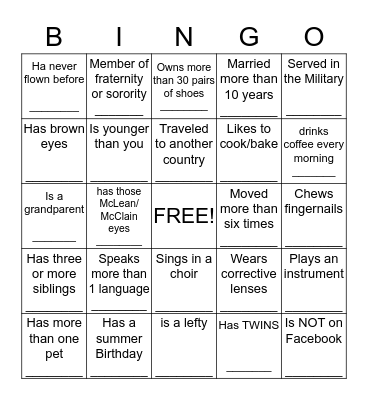 McLean(McClain)-Smith Family Reunion Bingo Card