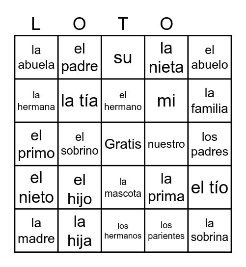 Familia Bingo Card