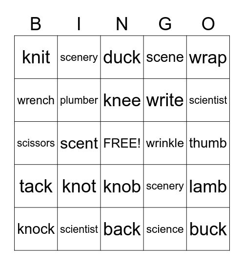 Silent Letter Bingo Card