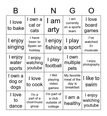 Hobbies & Interests Bingo Card