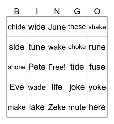 Spire- Level 2 Long Vowels Bingo Card