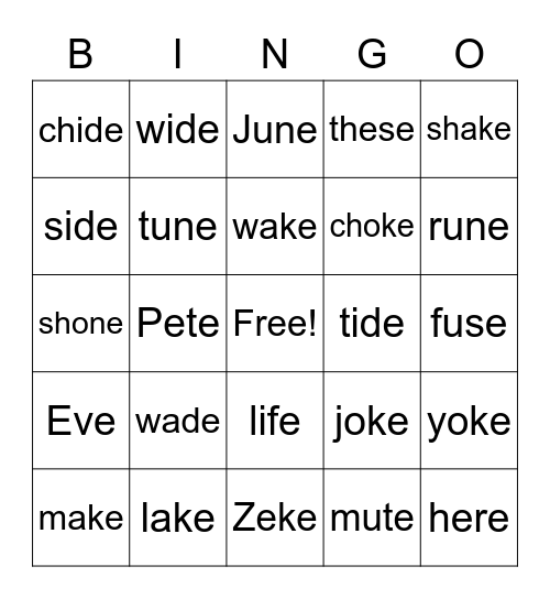Spire- Level 2 Long Vowels Bingo Card