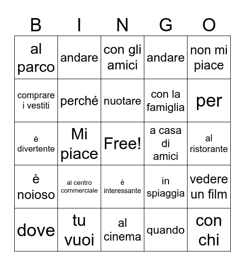 Weekend Plans Italian Bingo Card
