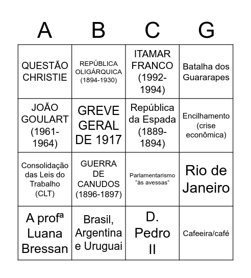 História do Brasil (Profª Luana Bressan) Bingo Card