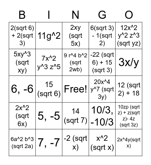 Simplifying Radicals Bingo Card