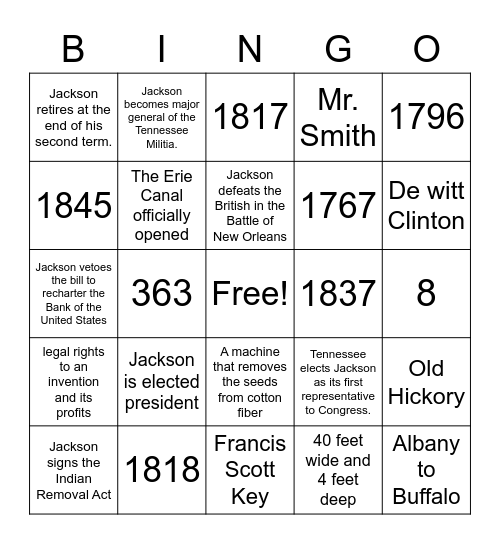 Andrew Jackson Bingo Card