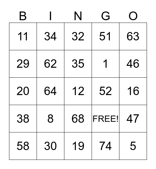 Number Bingo Card