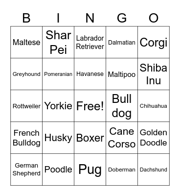 Dog breeds Bingo Card