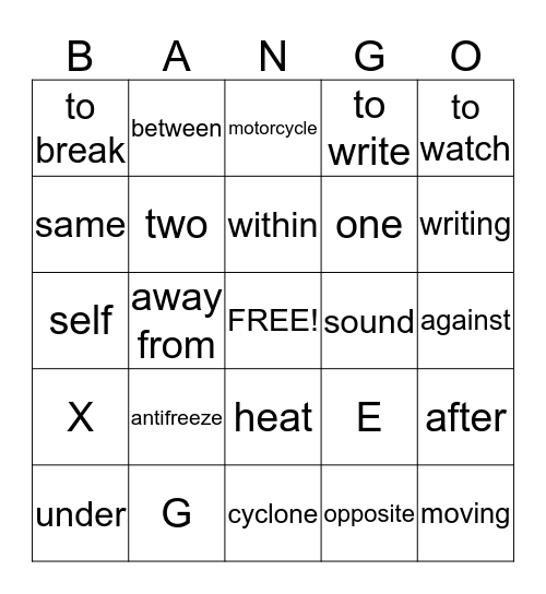 Root Word Bango Bingo Card