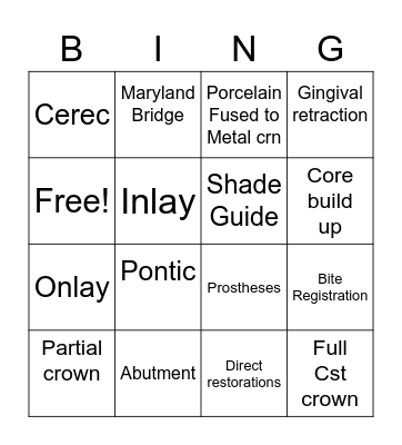 Fixed Prosthetics Bingo Card