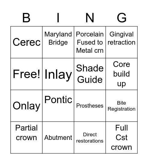 Fixed Prosthetics Bingo Card