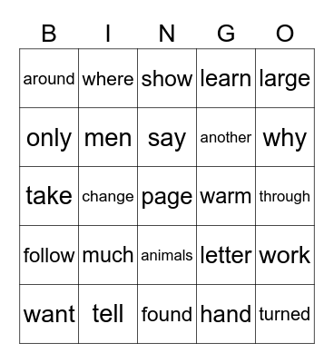 Sight Words Bingo Card