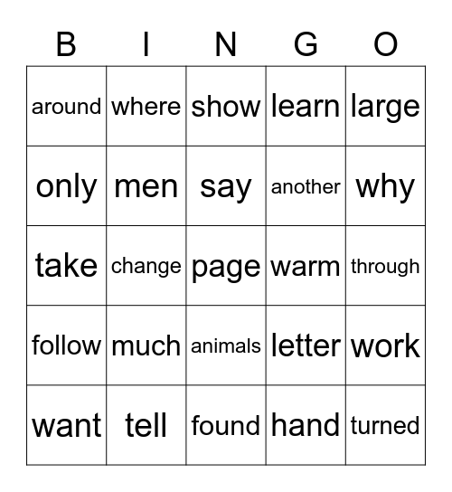 Sight Words Bingo Card