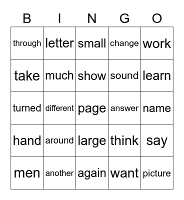 Sight Words Bingo Card