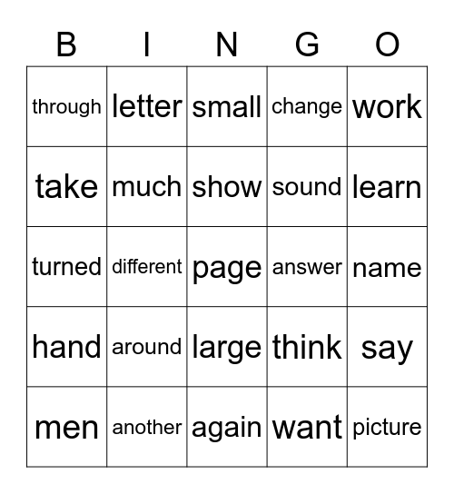 Sight Words Bingo Card