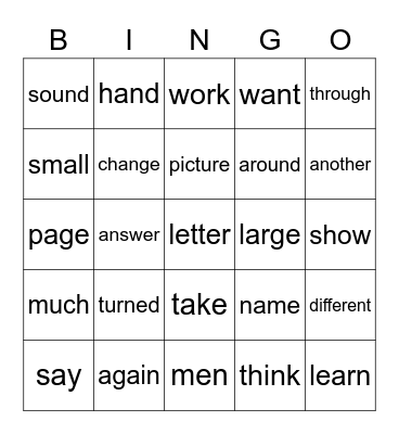 Sight Words Bingo Card